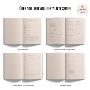 May include: An open journal with beige pages, featuring text and illustrations. The journal is designed with over 100 pages and includes sections for weekly reflections, ultrasounds, and memories. The text includes the words "Welcome" and "Our Journey."