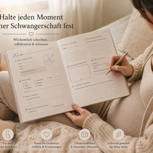 May include: A beige pregnancy journal with weekly prompts and space for notes. The journal is open, with a gold pen poised above the pages. The image includes a gift box, ultrasound photo, and text in German.