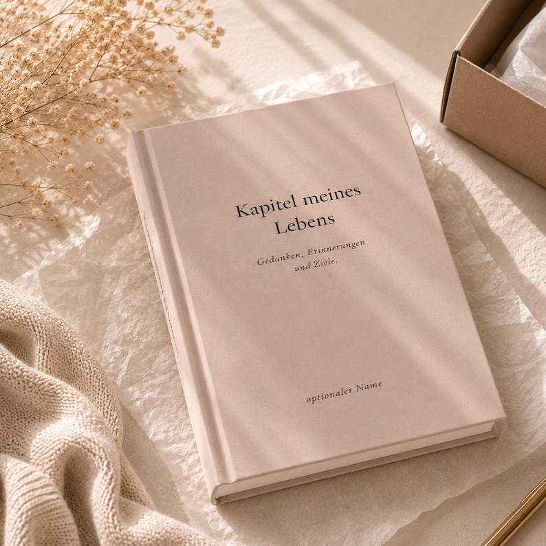 May include: A light pink hardcover journal with the German text "Kapitel meines Lebens" followed by "Gedanken, Erinnerungen und Ziele." and "optionaler Name" printed in black on the front cover. The book has a smooth, matte finish.
