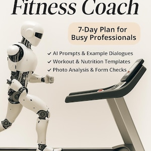 Könnte beinhalten: Ein Bild, das einen Fitnessplan bewirbt. Der Text lautet „Nutze KI als deinen Fitness-Coach“ und „7-Tage-Plan für vielbeschäftigte Berufstätige“. Ein weißer Roboter läuft auf einem Laufband. Der Plan beinhaltet KI-Eingabeaufforderungen, Trainingsvorlagen und Fotoanalysen.