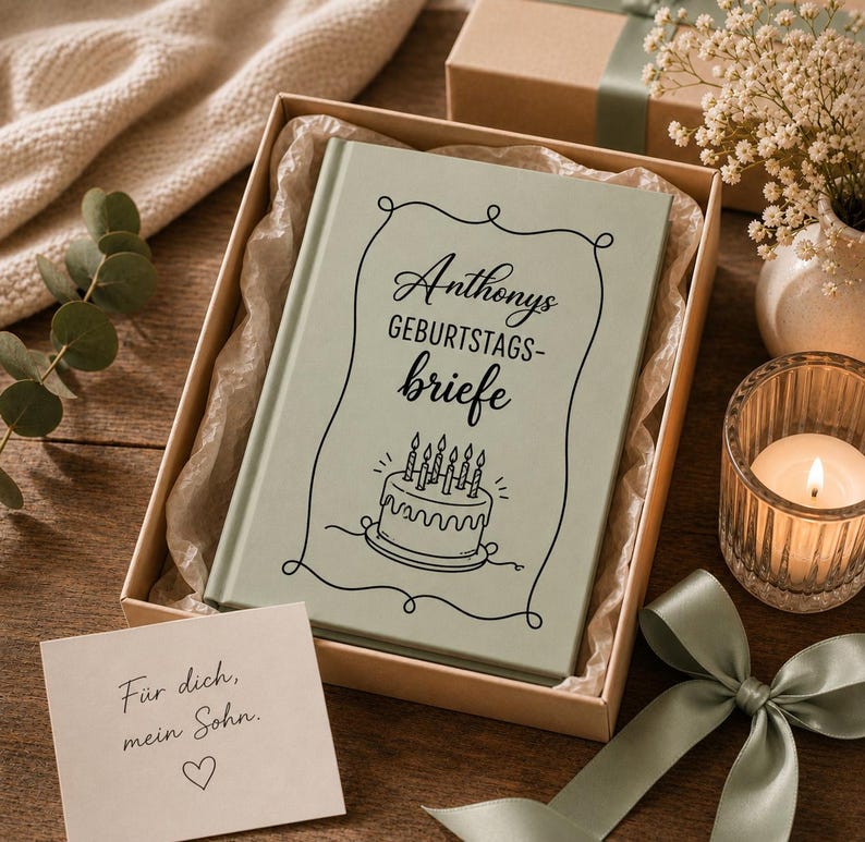 Puede incluir: Una caja de regalo que contiene un libro con el texto "Anthonys GEBURTSTAGS-briefe" y una ilustraci&oacute;n de pastel. Una peque&ntilde;a tarjeta dice "F&uuml;r dich, mein Sohn." La caja est&aacute; atada con una cinta verde, y una vela encendida y flores est&aacute;n cerca.
