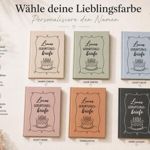 Puede incluir: Una selecci&oacute;n de diarios de cumplea&ntilde;os personalizados en varios colores, incluyendo crema c&aacute;lido, verde salvia, azul polvoriento, rosa polvoriento, terracota y lujo oscuro. Cada diario presenta una ilustraci&oacute;n de pastel y el texto "Lenas GEBURTSTAGS-briefe".