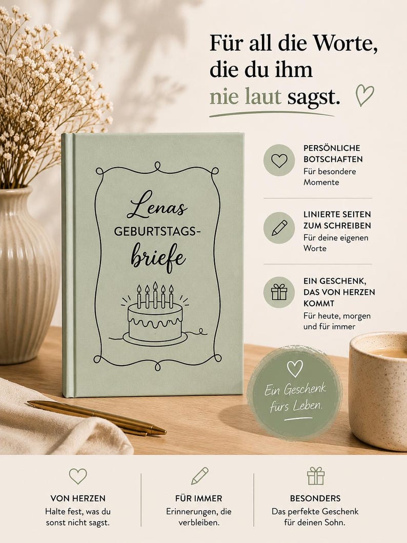 Puede incluir: Un diario verde salvia con el texto "Lenas Geburtstagsbriefe" y una ilustraci&oacute;n de pastel. El diario est&aacute; junto a un bol&iacute;grafo, un peque&ntilde;o regalo redondo y una taza de caf&eacute;. El texto en el diario dice "Para todas las palabras que nunca dices en voz alta."
