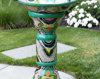 Turquoise Talavera Bird Bath | Mexican Ceramic Pedestal Birdbath | Hand Painted Teal Floral Garden Art