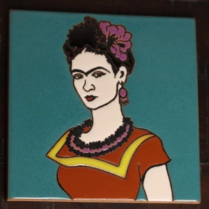 Frida Kahlo Inspired Ceramic Tile, Hand-Painted Mexican Folk Art, 6x6, Wall Decor, Art Gift