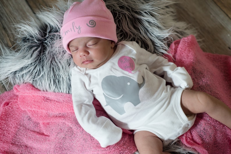 Hello World Baby Outfit Hospital Outfit Plus Pink Baby Beanie Hat Baby Girl