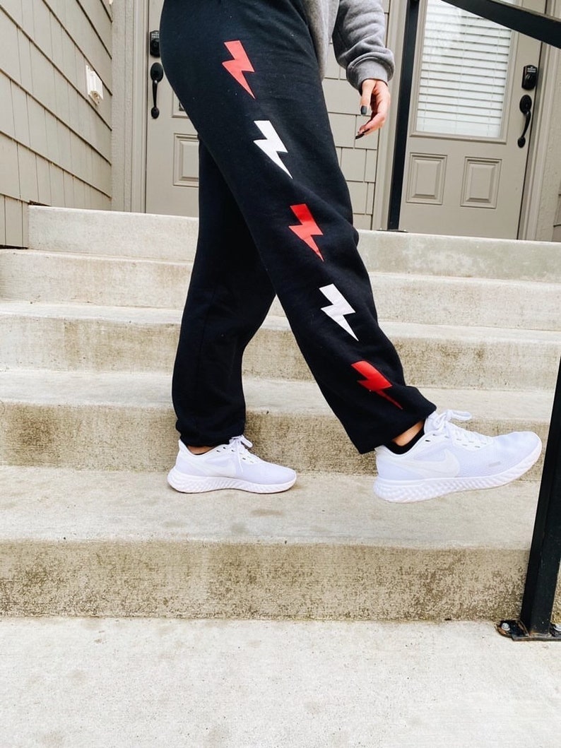 Black sweatpants with red & white lightning bolts | Etsy