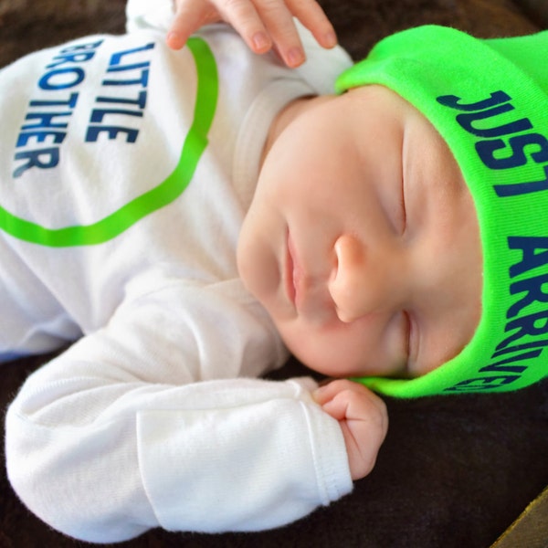Baby Boy Newborn Through 18 Months Little Brother Just Arrived Outfit Onesie Bodysuit plus Beanie