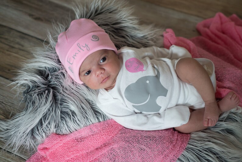 Hello World Baby Outfit Hospital Outfit Plus Pink Baby Beanie Hat Baby Girl