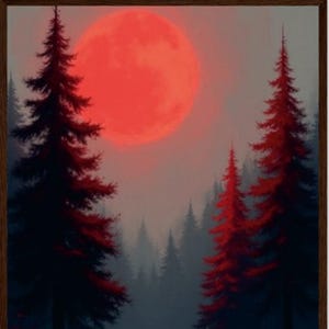 Peut inclure: Peinture encadrée d'un paysage forestier sous une grande lune rouge. Les grands conifères se détachent sur un fond brumeux, avec des touches de rouge sur le feuillage. L'œuvre évoque le mystère et l'inconnu.