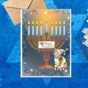 Happy Hanoukka Card–Hanoukka Art Print with Cat –Jew Abstract Hanoukka Illustration – Hanoukka Greeting Card – Hanuka Minimalist Design 5x7”
