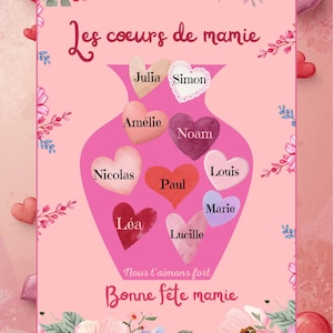 May include: A pink and red graphic with the text "Les coeurs de mamie" and "Bonne fête mamie." The design features a vase shape filled with heart-shaped names, surrounded by hearts and floral accents.