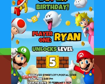 Invitación de cumpleaños de Super Mario, fiesta de videojuegos, imprimible (descarga digital)