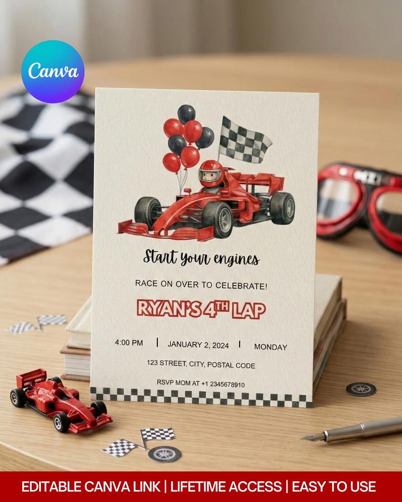 Watercolor Race Car Birthday Invitation: F1 Go Kart Party (canva ...