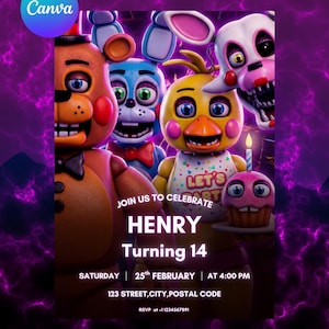 May include: A digital invitation featuring cartoon characters from a popular video game franchise. The invitation is for Henry's 14th birthday, with the date, time, and location details included. The background is a purple and black design.
