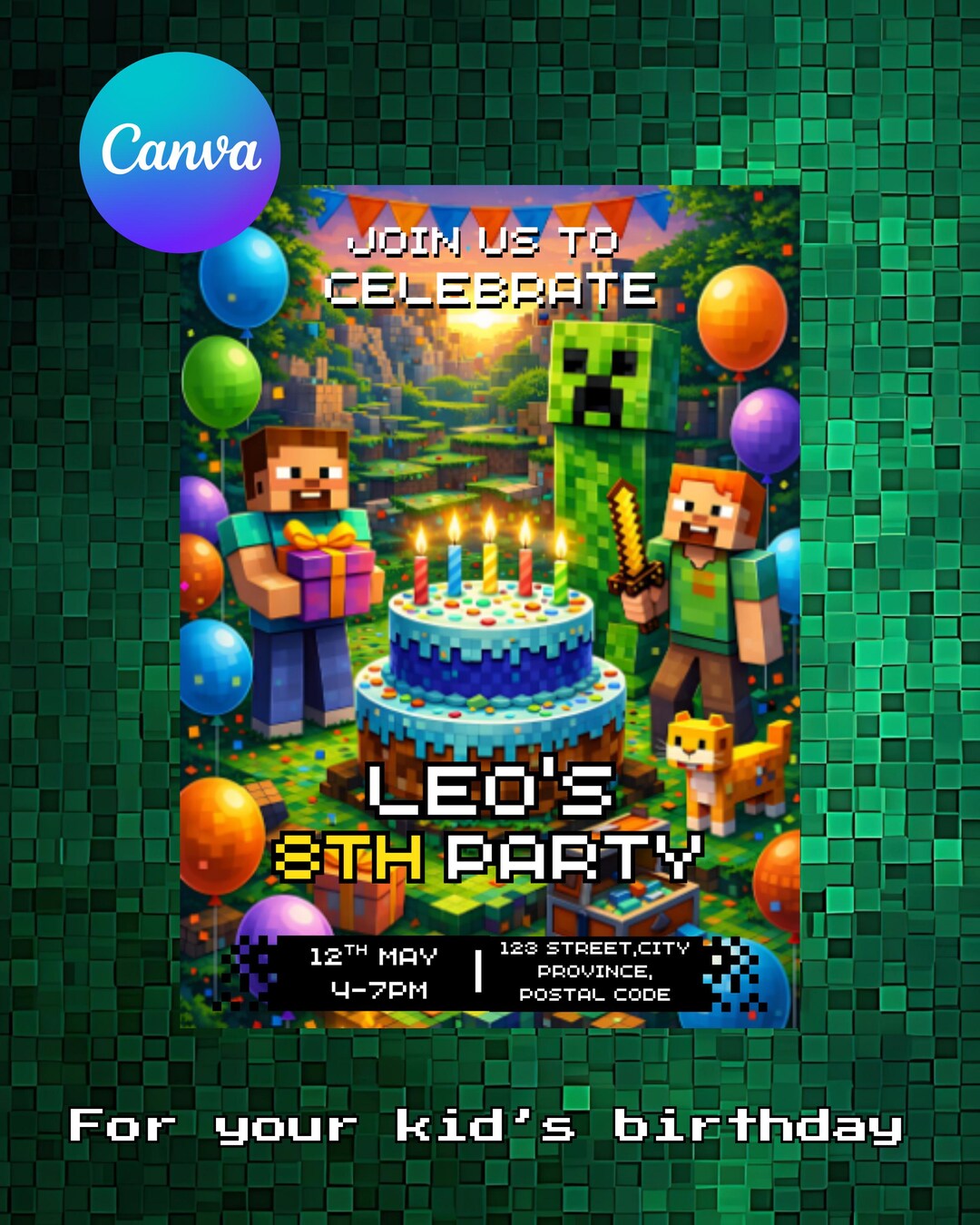 Minecraft Birthday Invitation Template, Gamer Party Card, Editable