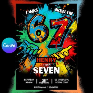 Może przedstawiać: Cyfrowe zaproszenie urodzinowe z czarnym tłem i kolorowym projektem w stylu graffiti. Tekst brzmi "I WAS 6, NOW I'M 7" z imieniem "Henry" i szczegółami wydarzenia. Logo Canva znajduje się w rogu.