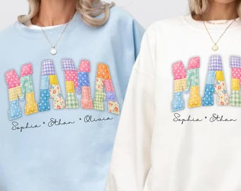 Custom Mama Sweatshirt with Kids Names, Personalized Mom Shirt, Mother Gift Sweater, Faux Patchwork Mama Shirt, Custom Gift for Mom