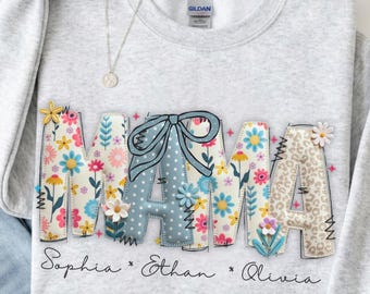 Personalized Mama Sweatshirt with Kids Names Faux Patchwork Custom Mom Gift Floral Leopard Sweater Mother’s Day Gift for New Mom Motherhood