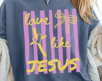Liebe wie Jesus Shirt, Komfortfarben christliches Shirt, Streifen gewellter Bogen christliches T-Shirt, religiöse Mutter Shirt, christliches Bekleidungsgeschenk für Frauen