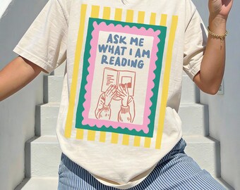 Ask Me What I Am Reading Shirt, Minimalist Line Art Bookish Tee, Trendy Reading Girl T-Shirt, Bookworm Club Sweatshirt, Striped Librarian