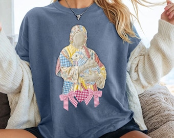 Jesus Faux Patchwork Shirt, Osterkreuz Christian T-Shirt, Er ist auferstanden Floral Graphic T-Shirt, Glaube Geschenk für Frauen Kinder Boho Religiöses Kleid