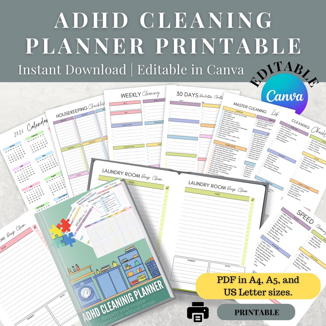 ADHD Cleaning Planner Printable Family Chore Chart Daily Weekly Monthly ...