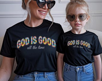 Komfort Farben Faux Patchwork Gott ist die ganze Zeit gut Shirt Christian Glaube T-Shirt Retro Gesteppte Religiöse Mutter Geschenk Frauen Sommer Kirche Outfit