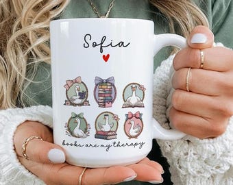 Personalized Bookshelf Mug, Cottagecore Bookish Coffee Cup, Custom Name Reading Pottery, Book Lover Gift