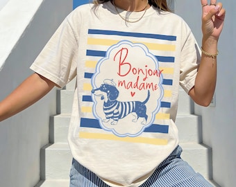 Bonjour Madame Dog Shirt, Frenchie Dog Lover Gift, Cute Dog with Beret Tee, Aesthetic French Style Sweatshirt, Striped TShirt Dog mom Hoodie
