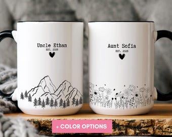 Personalized Auntie Mug, Floral Pregnancy Reveal Gift, Baby Announcement Coffee Cup, Gift New Aunt Gift, Birthday Or Sister Gift, Best Uncle