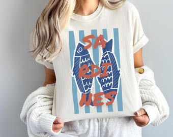 Camiseta de sardinas Comfort Colors con estampado de pescado enlatado, camiseta con estética costera de sirena, camiseta de verano italiana Amalfi, sardinas Chica de moda con estilo de pez