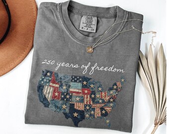 Faux Patchwork USA Map shirt, 250 Years Of Freedom Shirt USA Anniversary Freedom Tee American 250 Merchandise 4th of July Shirt Youth-Adult