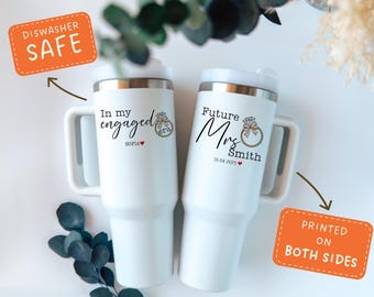 Personalized Future Mrs Tumbler, Custom Name Engagement Cup with Handle, Bride Bridal Shower Gift, Fiance Wedding Mug