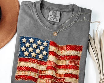 Retro American Flag Shirt Comfort Colors® Faux Patchwork USA 250 Years Tee, Patriotic Shirt Gift For 4th Of July Independence Day, Fourth