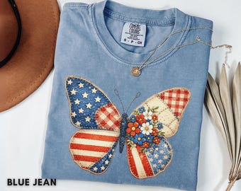 Patriotic Butterfly Shirt, Faux Patchwork American Flag Butterfly Tee, 4th Of July TShirt, Independence Day Gift Comfort Colors  1776 - 2026