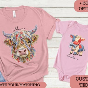 Matching Mommy and Me Faux Patchwork Cow Shirt Set, New Mom First Mother's Day Gift, Cute Baby Onesie Floral, Custom Name Western Family Tee