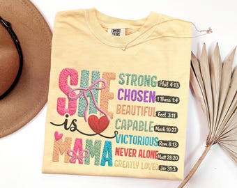 She is Mama Bible Verse Shirt, Christian Mom Faux Embroidery, Religious mom, coquette Pink Bows, Faith Based Mother's Day Gift, Mama Tee