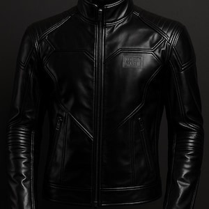 May include: A black leather jacket with a stand-up collar and a full-length zipper. The jacket features quilted detailing on the shoulders and sleeves, and a small square logo that reads "DRGT FUNK".
