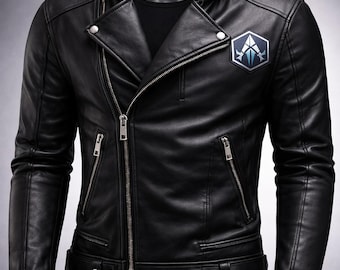 Minimalist Cyberpunk Leather Jacket – Clean Biker Style with Futuristic Chest Logo, Premium Black Leather