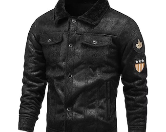 Men’s Vintage Distressed Black Genuine Sheepskin Sherpa Shearling Faux Fur Lined Turn-Down Collar Winter