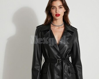 Women Black Leather Trench Coat  Belted Slim Fit Jacket, Elegant Long Leather Coat, Minimalist Streetwear Fashion