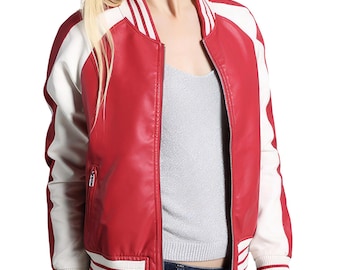 Red Sheepskin Leather Varsity Jacket: Women's Moto Racer Bomber