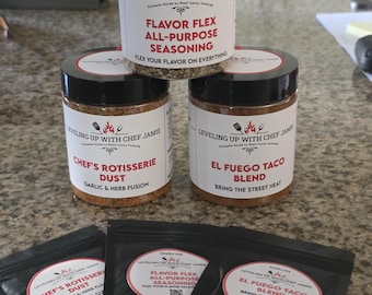 1-Jar Gourmet Seasoning | Chef’s Rotisserie Dust, Flavor Flex All-Purpose, El Fuego Taco Blend