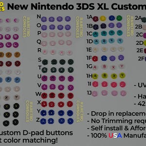 May include: A collection of custom buttons for the New Nintendo 3DS XL, organized in rows labeled A through Z and 1A through 2F. The buttons feature various solid colors, some with A, B, X, Y lettering. Text includes UV Resin Top Coat, 42 Styles, and more.