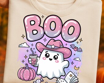 Cute Ghost Cowboy Halloween Png | Kawaii Boo Digital Download | Pink Spooky Ghost Clipart | Pastel Halloween Art 300dpi