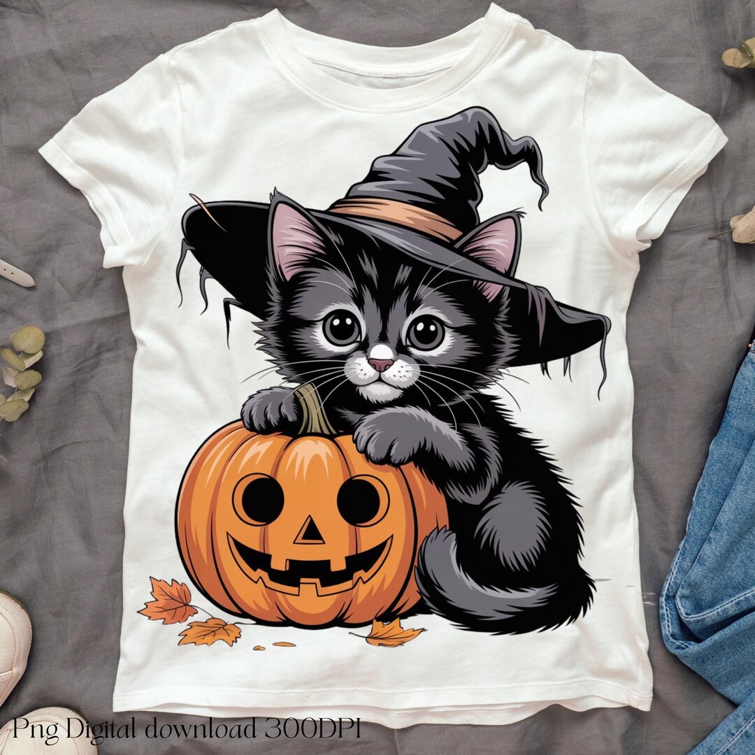 Cute Halloween Black Cat PNG | Witch Hat Kitten With Pumpkin Clipart ...