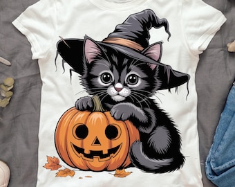 Könnte beinhalten: Weißes T-Shirt mit einer Cartoon-Katze in Schwarz, die einen Hexenhut trägt und einen orangefarbenen Kürbis-Laterne hält. Die Katze hat große Augen und ist von Herbstblättern umgeben, ideal für Halloween. Der Text "Png Digital download 300DPI" steht unten.