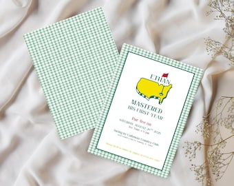 May include: An invitation with a green and white gingham pattern. The invitation features the text "ETHAN MASTERED HIS FIRST YEAR" with a yellow and green golf course graphic. The event is scheduled for Saturday, August 29th, 2025.