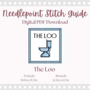 May include: A digital PDF needlepoint stitch guide featuring a blue toilet design within a blue dotted frame. The text "THE LOO" is above the image. Below the image, the text "The Loo" is displayed, along with mesh and size details in inches.